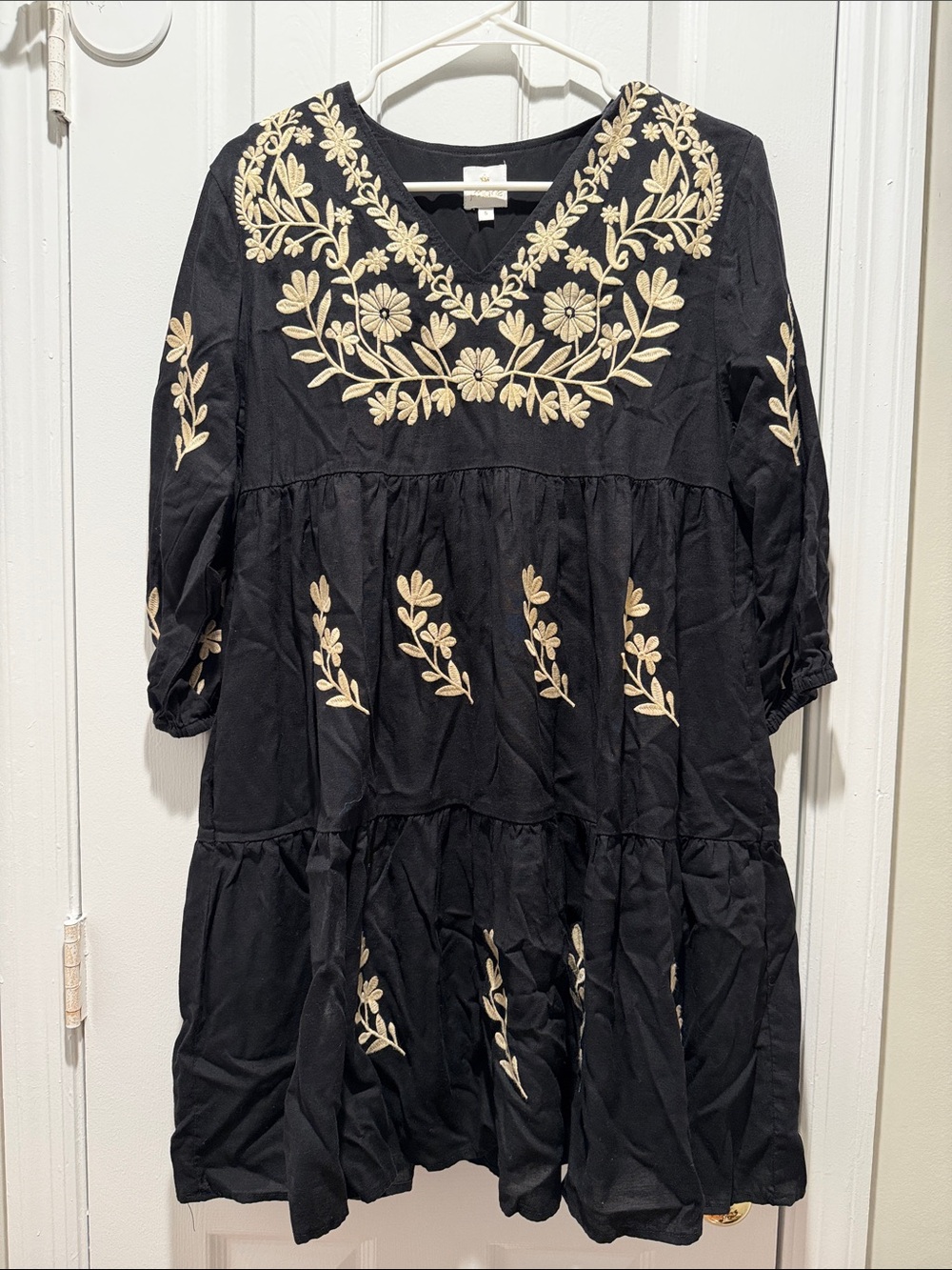 J. Marie Madeline Black Mini Dress with Cream Floral Embroidery